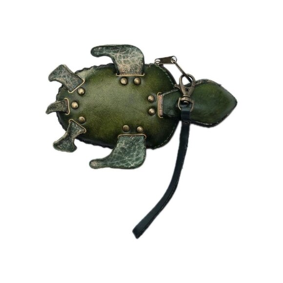 New Green Genuine Leather Handmade Turtle Coin Purse Wristlet Key Case 5" X 7" - Picture 3 of 3